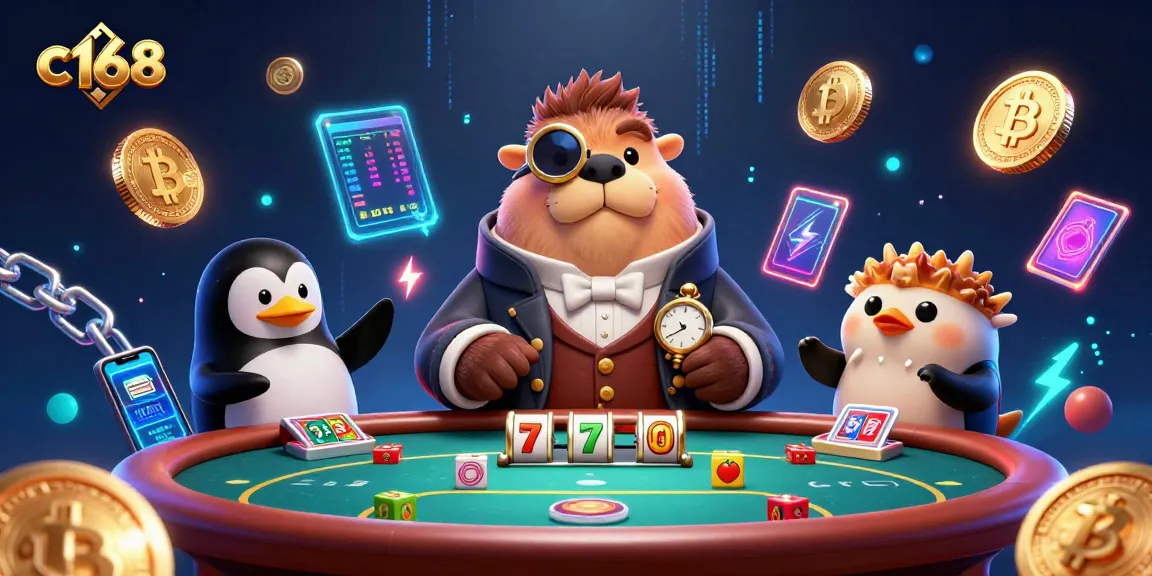 Play at c168 with a jolly walrus and friends at an underwater poker table amidst crypto and slot elements.