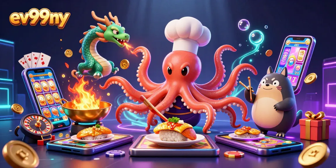 ev99ny showcases a dynamic casino scene with an octopus chef, dragon, and a customer celebrating giant wins.