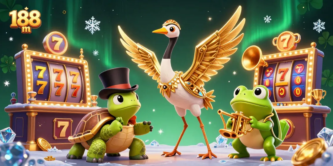 Engage with the thrilling atmosphere of 188 m as a 3D art deco crane, a top-hat turtle, and a trumpet-playing frog entertain in a vibrant casino.