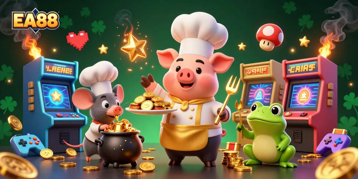 Bet at EA88 with a vibrant casino scene featuring a pig chef, mouse sous-chef, and frog critic.