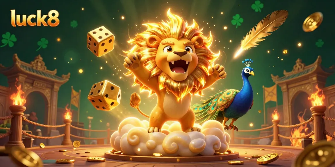 Engage in lively casino fun with luck8's 3D lion surrounded by golden elements and dice.