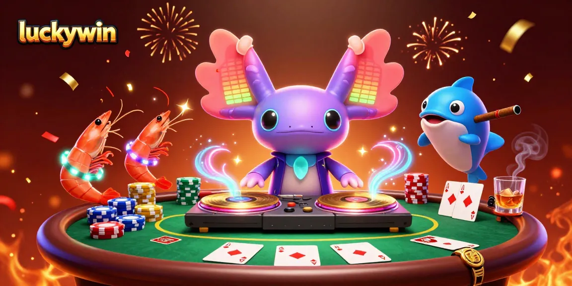 Join the vibrant luckywin scene as a colorful axolotl DJ spins tunes at an underwater casino party.