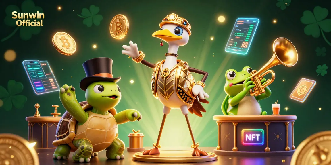 Engage with Sunwin Official's vibrant casino scene featuring cartoon characters and crypto elements.