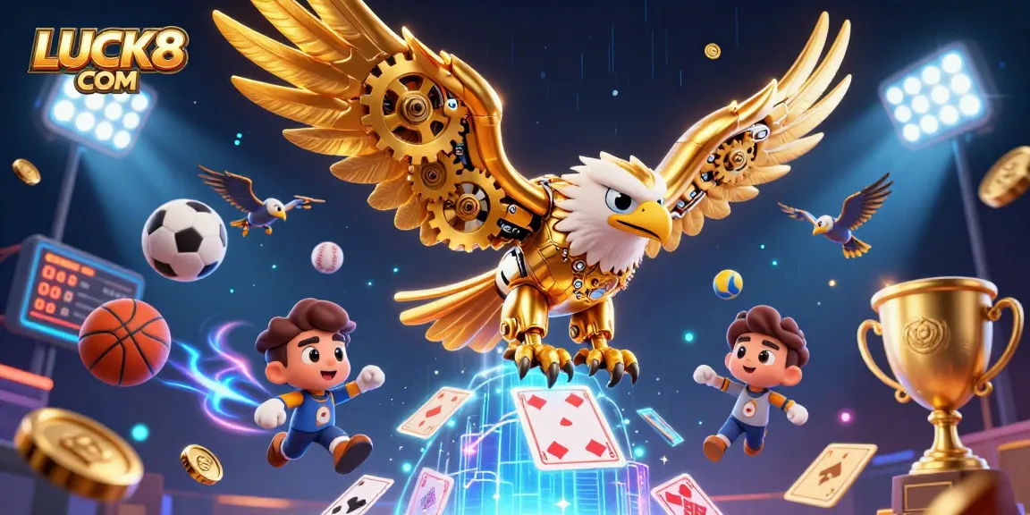 Engage with LUCK8 COM's thrilling casino experience featuring cybernetic characters and dynamic sports action.