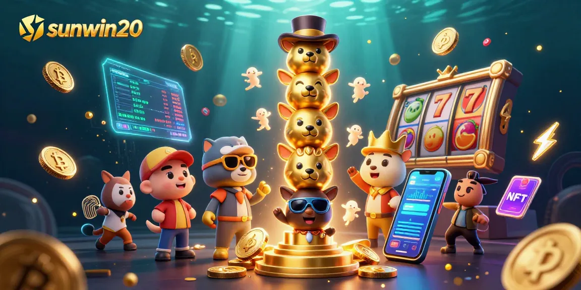 Engage with sunwin20 through a vibrant casino illustration showcasing exciting slot games and crypto elements.