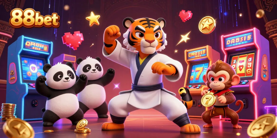 88bet casino illustration with kung fu characters and slot elements in a vibrant setting.