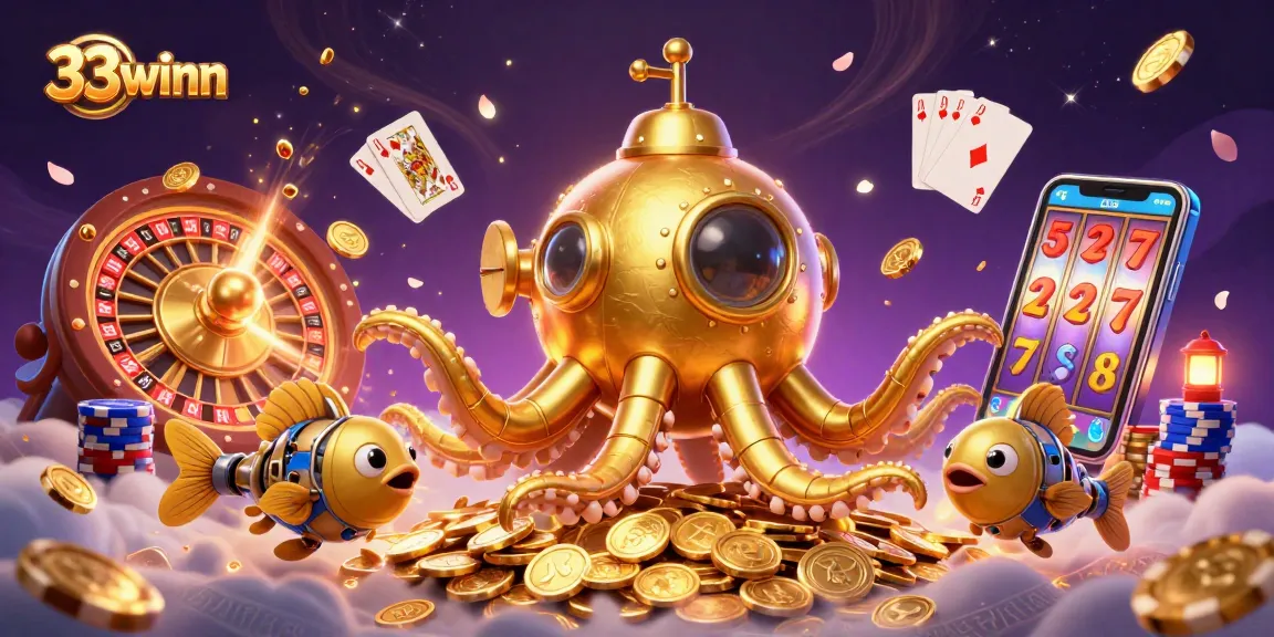 Engage with 33winn’s vibrant gaming scene featuring a golden kraken submarine amidst treasures.