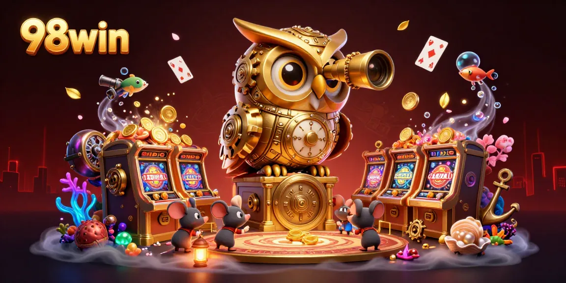 Spin the reels at 98win with dynamic characters exploring a vibrant casino atmosphere.