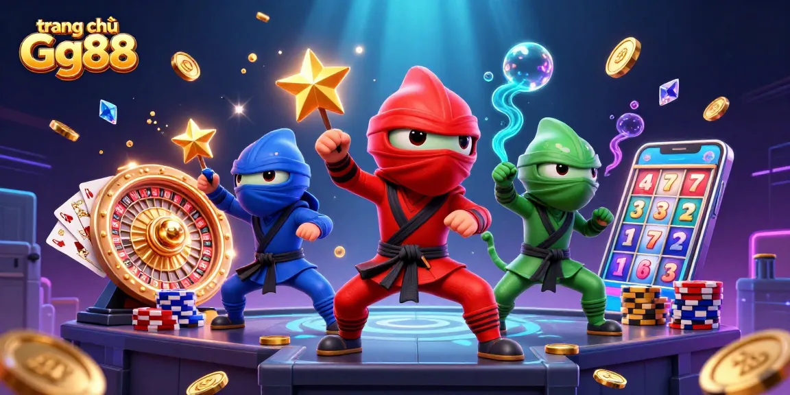 Engaging illustration of trang chủ Gg88 featuring ninja chameleon team with casino elements and vibrant effects.