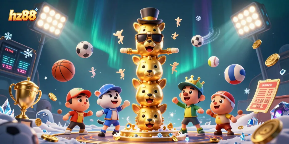 Experience thrilling gameplay with hz88's vibrant casino-themed 3D illustration featuring animated totems and dynamic sports!