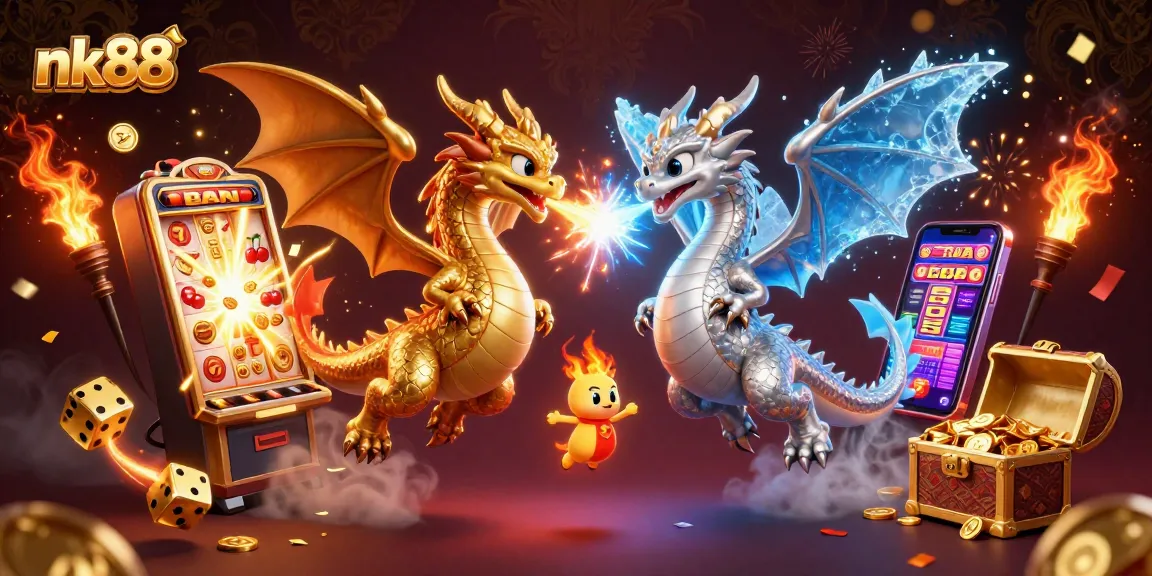 Experience thrilling jackpots at nk88 with twin dragons amidst vibrant casino excitement.