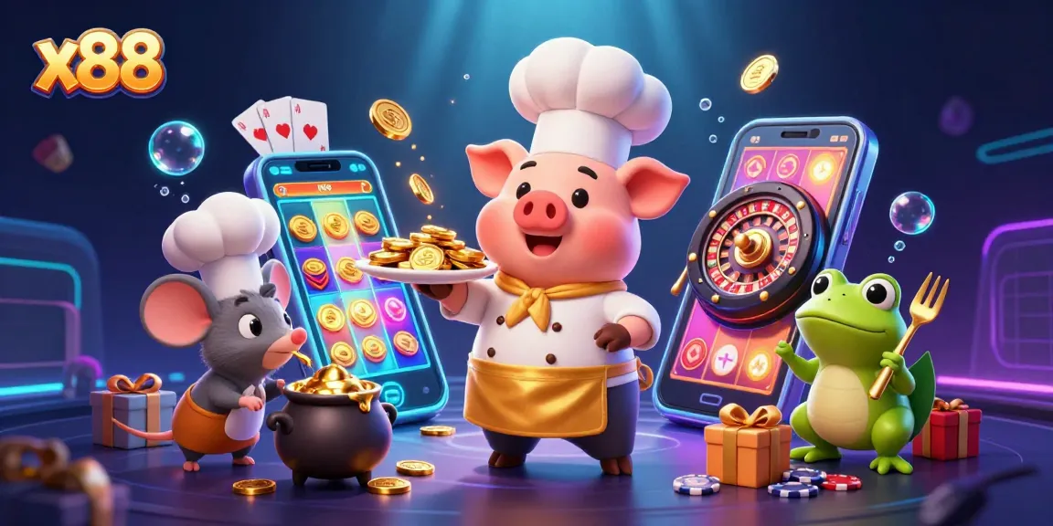 x88 features a chef pig, sous-chef mouse, and critic frog amidst vibrant casino elements.