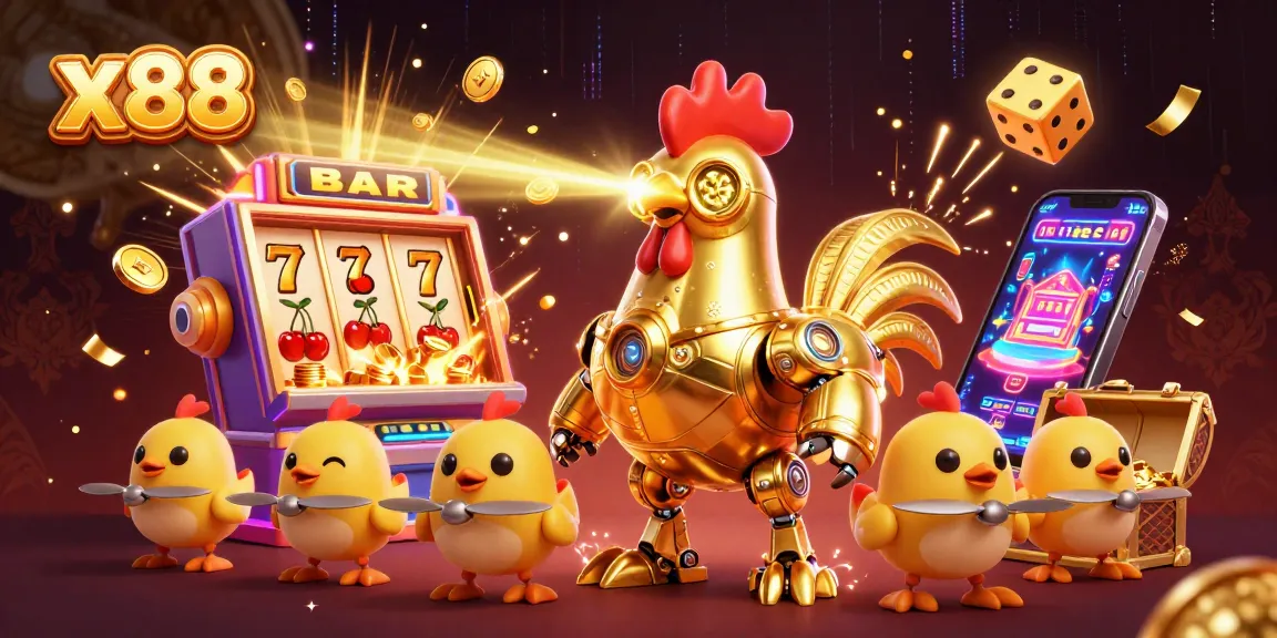 Experience thrilling slots action with x88's dynamic casino scene featuring a golden rooster robot.