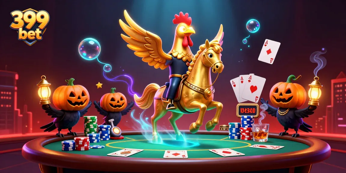 Experience thrilling casino gameplay with 399 bet's vibrant 3D illustration of a golden rooster and friends.