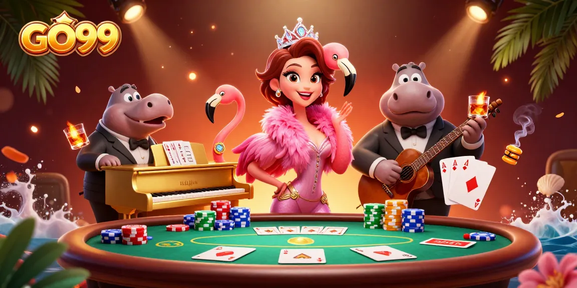 Engage with GO99's vibrant casino scene featuring poker games and lively characters