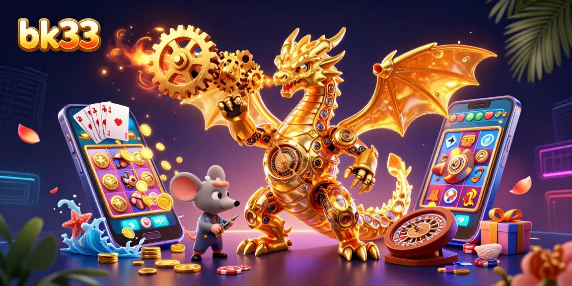 Engage with bk33's exciting gaming experience featuring a golden dragon and vibrant slot games.