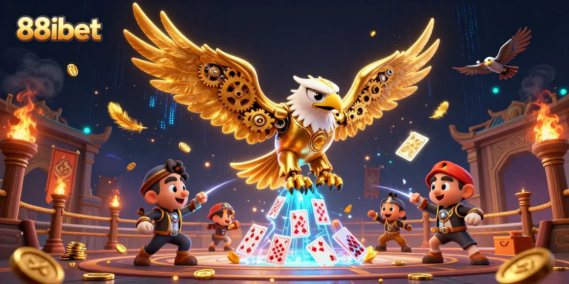 88ibet players strategize winning in a vibrant 3D casino scene with golden eagle and cards.