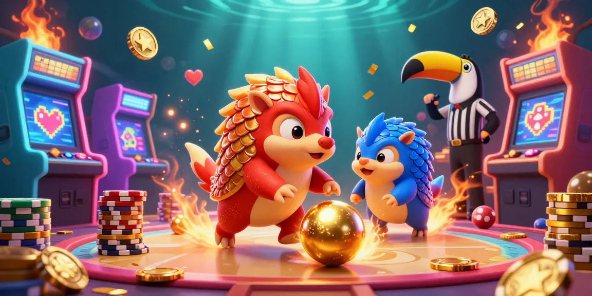Join the excitement at hi77 as rival pangolins roll through chips and golden balls in a vibrant casino scene.
