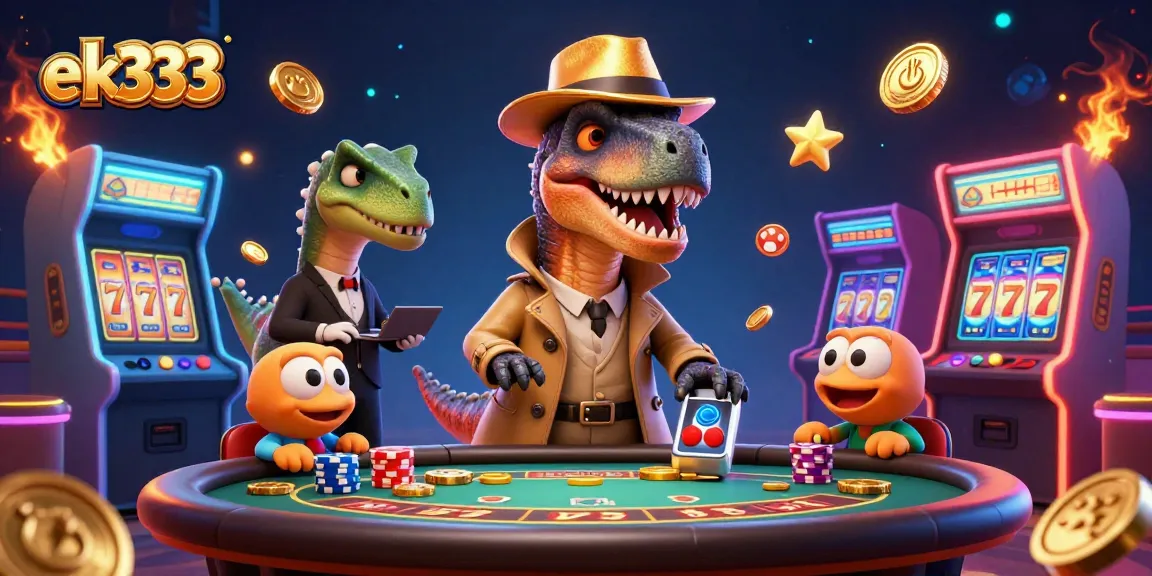 Win big at ek333 with a 3D velociraptor card counter engaging at a blackjack table!