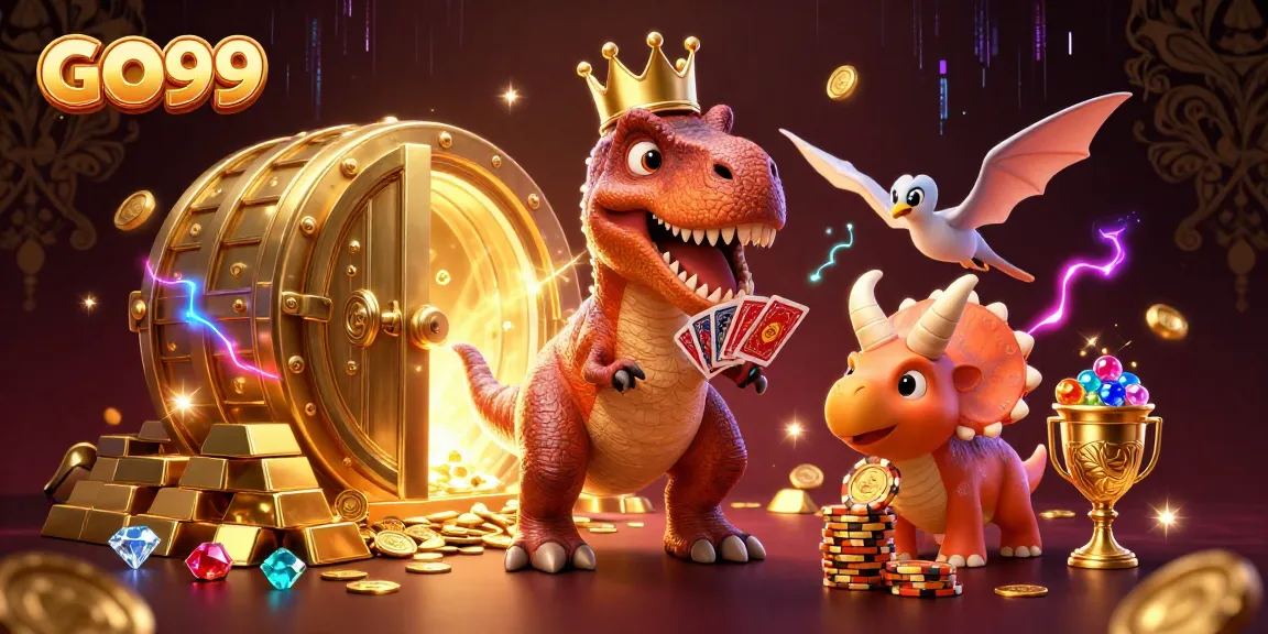 GO99's vibrant casino scene with a friendly T-Rex, treasure, and lively game action