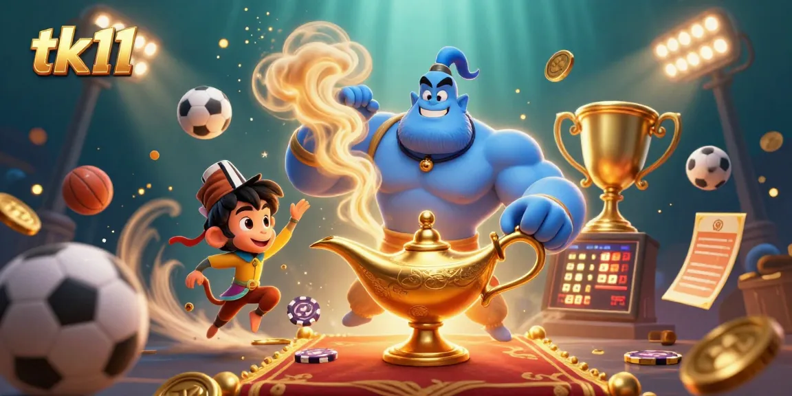 Place bets confidently with tk11 in an immersive 3D casino scene featuring a genie and sports elements.
