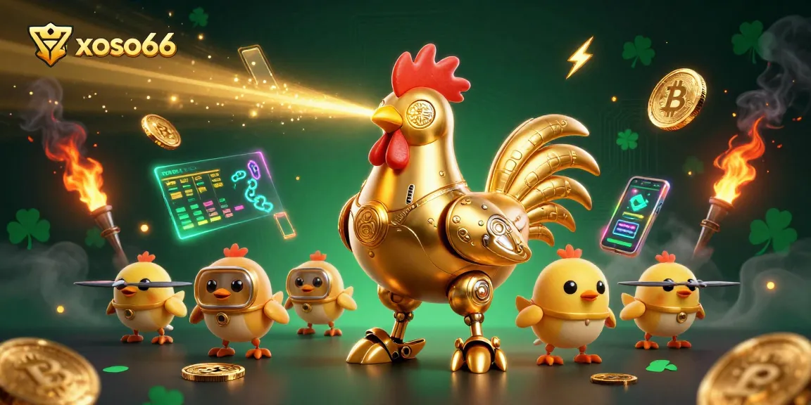 Engage with exciting xoso66 lotteries, featuring a futuristic golden rooster robot and vibrant crypto elements!