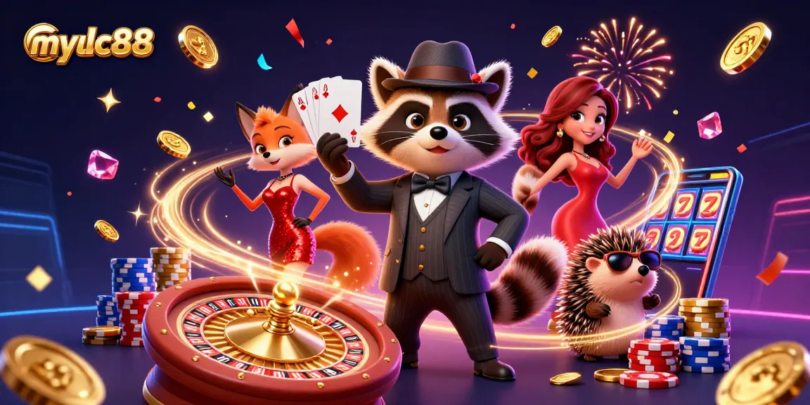 Experience thrilling gameplay at mylc88 with a handsome raccoon champion surrounded by glamorous elements.