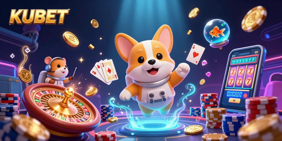 KUBET astronauts play in a vibrant space casino full of gold coins and poker chips