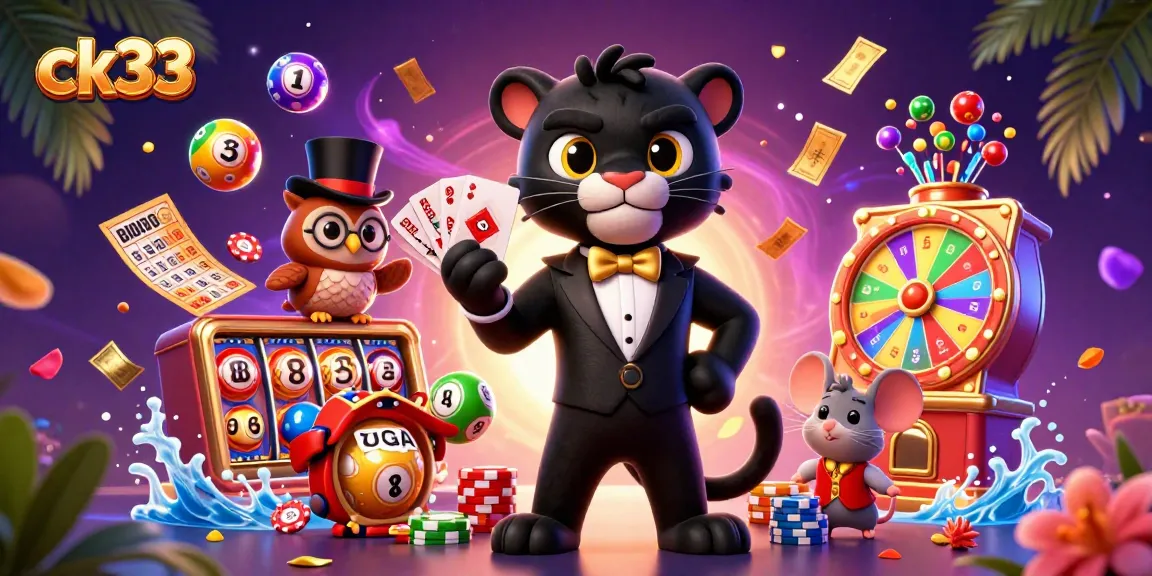 Experience excitement with ck33 as a cartoon panther deals cards amidst colorful casino elements.